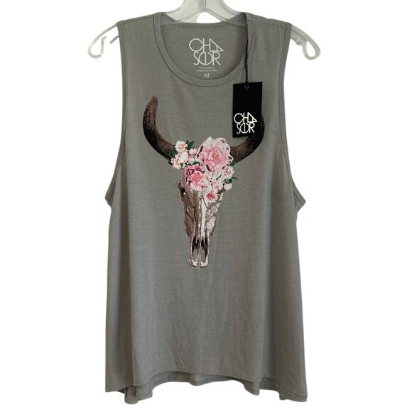 NWT Chaser "Floral Cowskull" Muscle Tank Top, Gray, Women's Medium - Picture 1 of 5